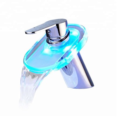 ROVATE Spout Sink Basin Faucet Cold and Hot Water Mixer Tap Light Waterfall Glass Bathroom LED 3 Colors Single Handle Brushed