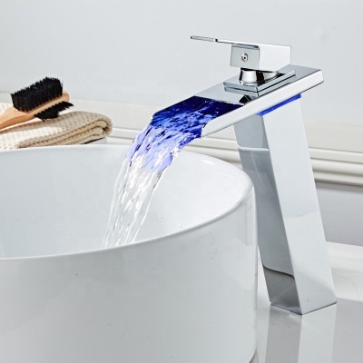 ROVATE Brass Waterfall Basin Faucet, Single Handle Single Hole Vessel Vanity Sink Tap, Hot and Cold Water Mixer, Chrome