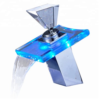 ROVATE Bathroom LED Light Basin Faucet  3 Colors Waterfall Glass Spout Sink Faucet Cold and Hot Water Mixer Tap