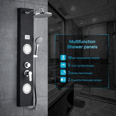 ROVATE Stainless Steel Rainfall Shower Panel Tower System, Multi-function Massage System with Temperature Display